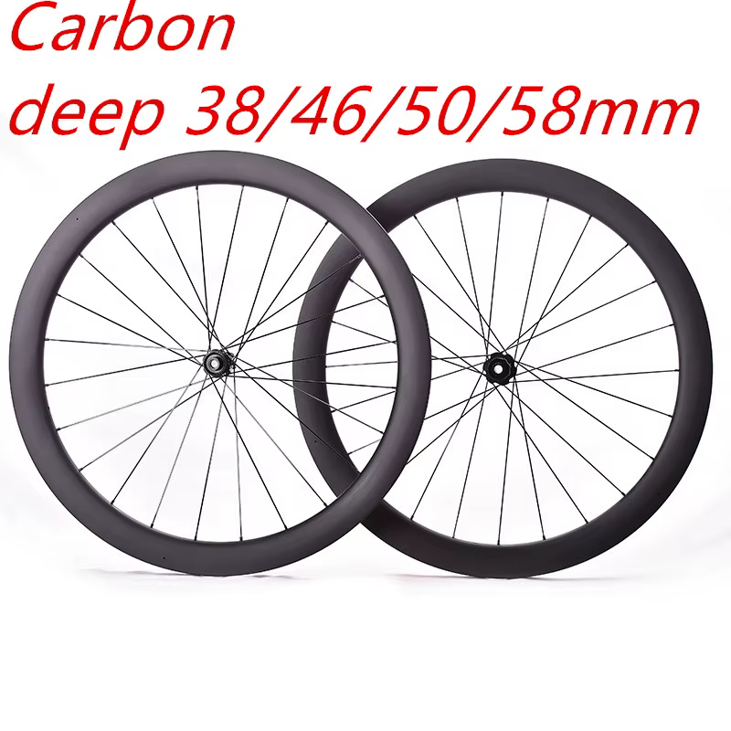Roues de vélo de route 700C en carbone avec freins à disque, profondeur 38/46/50/58 mm, clincher/tub