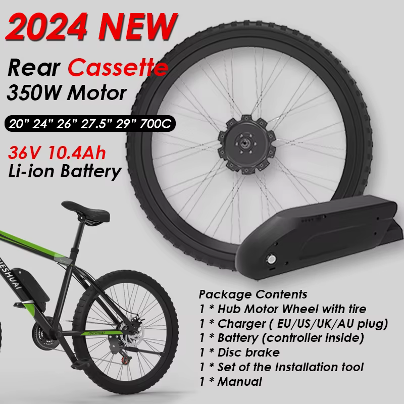 Kit de conversion de vélo électrique intégré avec batterie, roue moteur à cassette avant et arrière,
