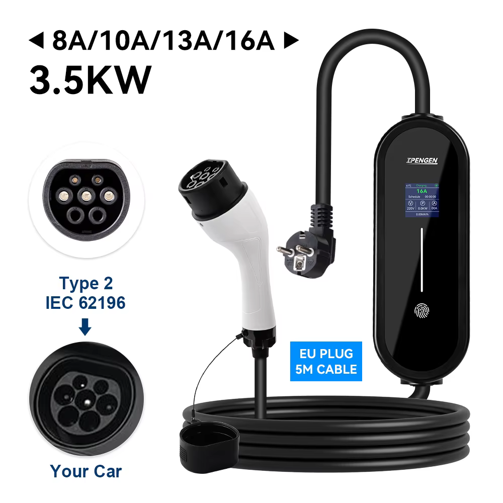 IPENGEN – chargeur EV Portable 3,5 kw, câble de 5M, connecteur Type2 IEC62196/ GB/T 16A, 1 phase, Ty