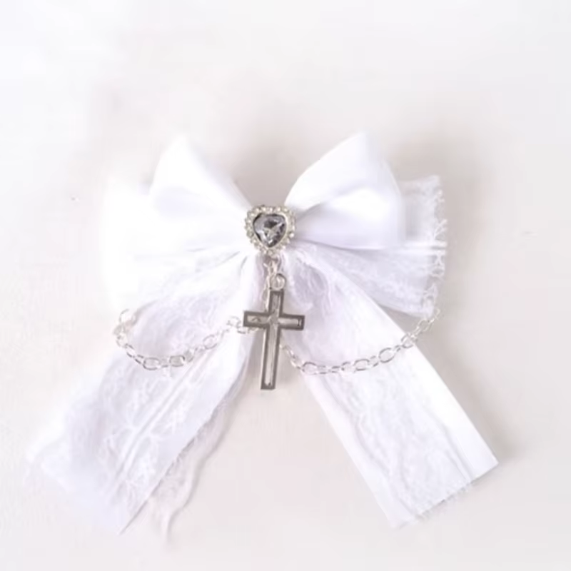 Barrette Gothique en Tissu avec Nœud, Dentelle et Chaîne Croisée, Accessoire Cheveux Vintage Romanti