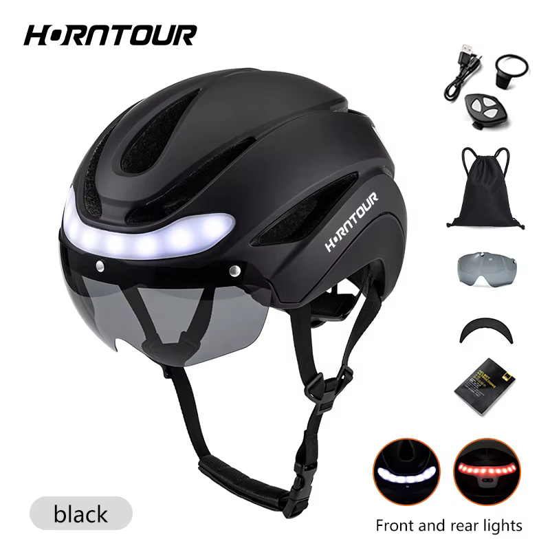 Horntour casques de vélo pour adultes avec feu arrière LED Rechargeable lunettes magnétiques visière