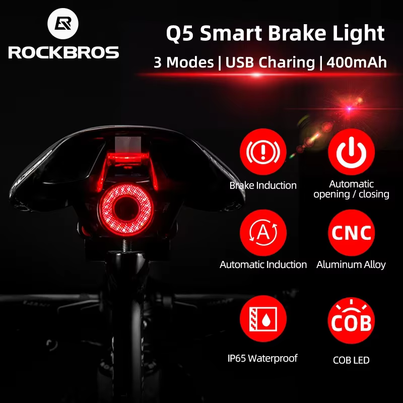Feu arrière intelligent ROCKBROS pour vélo, détection automatique de freinage, étanche IPX6, lampe a