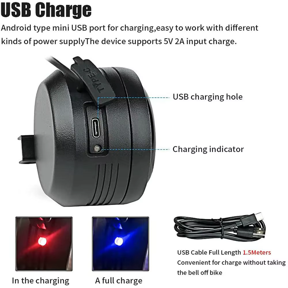 125db USB rechargé vélo cloche électrique moto Scooter vélo électrique klaxon sûr antivol alarme clo