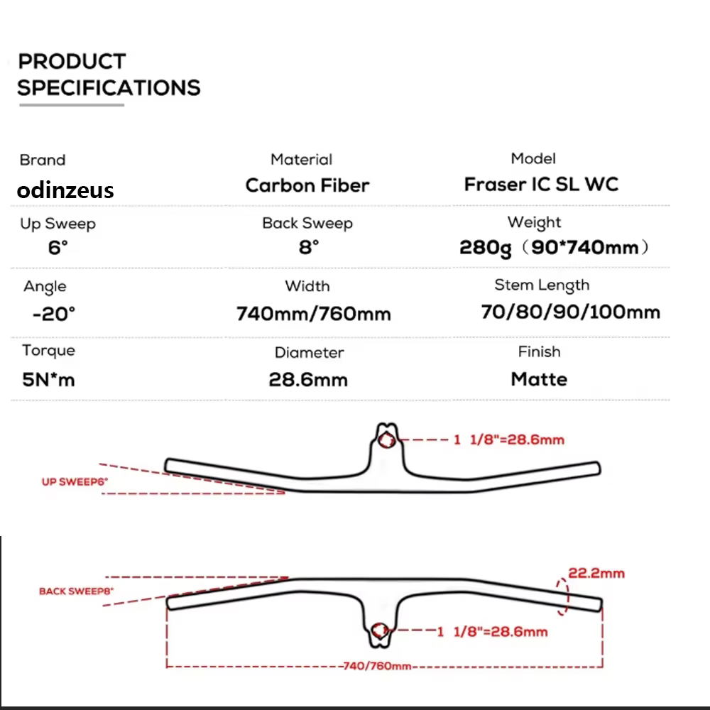 Guidon intégré pour VTT Full Carbon IC SL WC 740-780mm -20 ° Guidon de vélo de course BMX UD mat