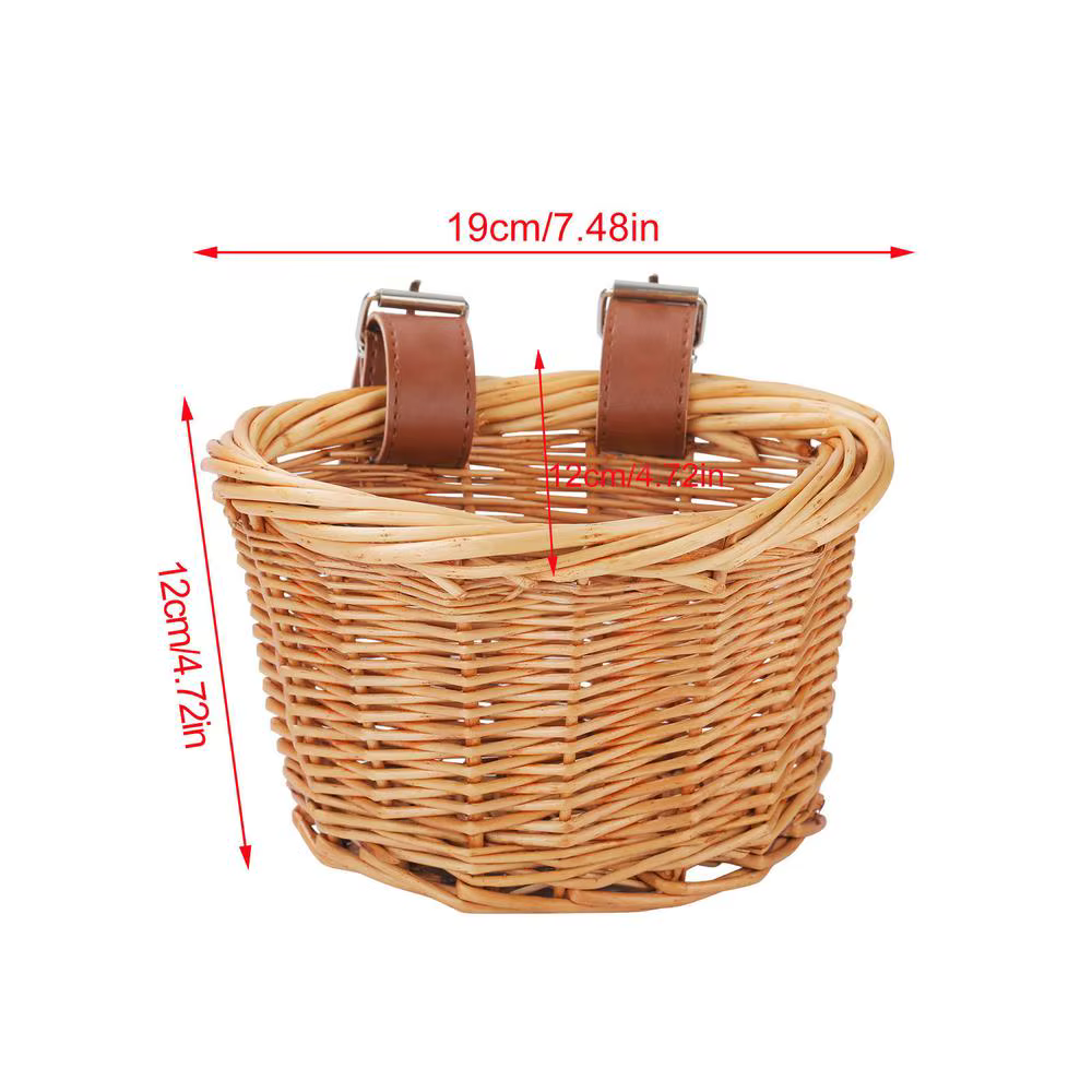 Panier de vélo pour enfants, panier avant en osier en forme de D avec 2 sangles en cuir réglables, i