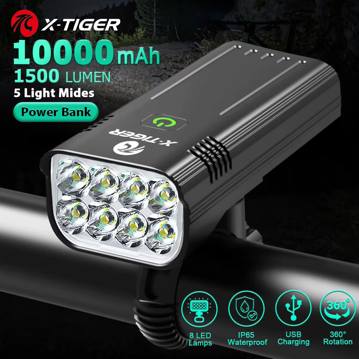 X-TIGER Vélo Lumière Ensemble Puissant USB Rechargeable Lumineux 10000mAh Vélo Feux Avant IPX5 Étanc
