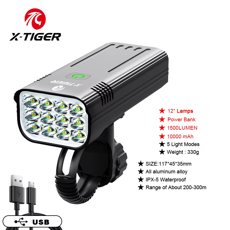X-TIGER Vélo Lumière 10000mAh injuste Vélo Lumière Avant IPX5 Étanche USB Charge VTT Route Vélo Lamp