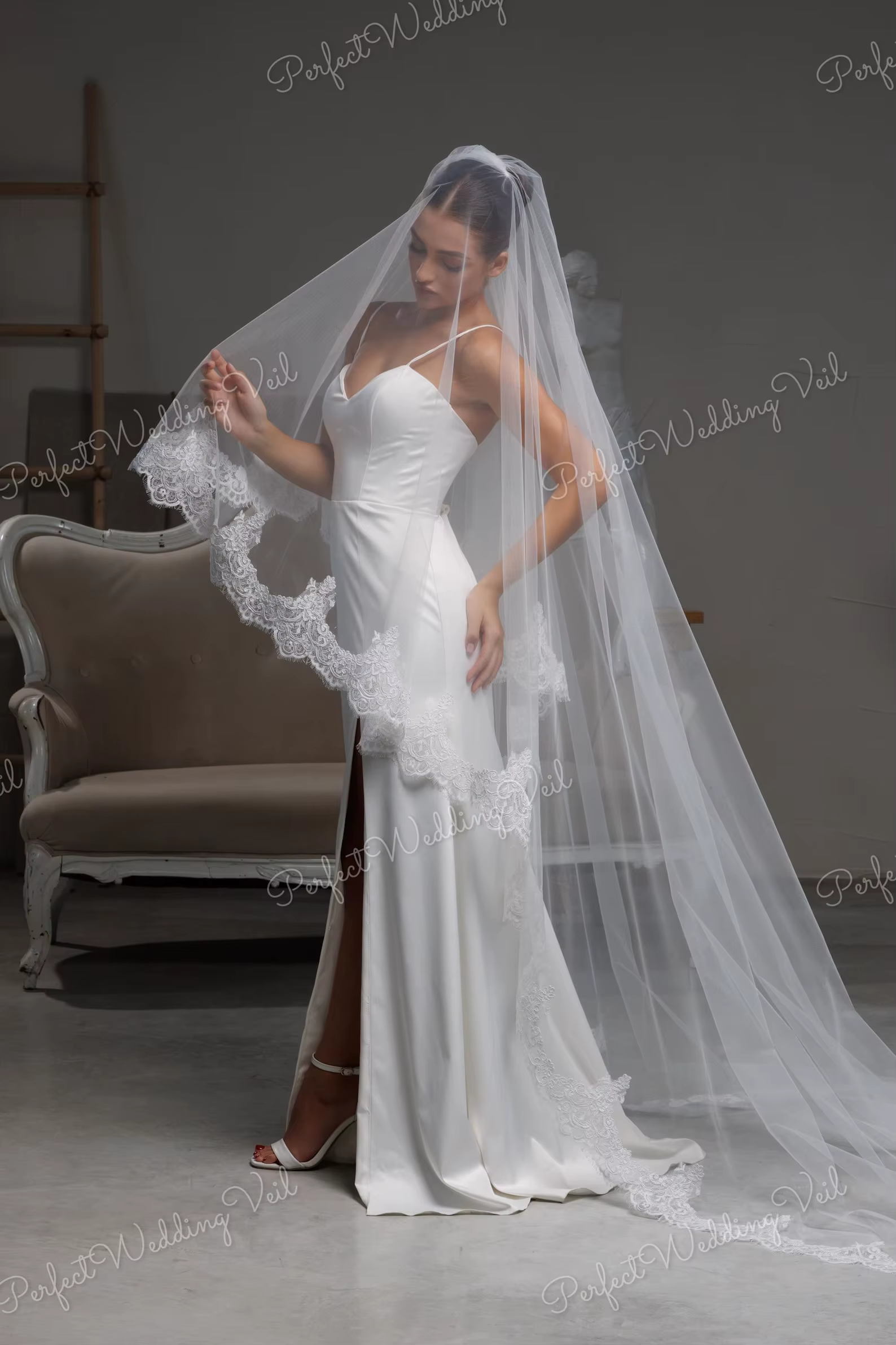 Voile de mariée cathédrale à deux niveaux en tulle doux, avec bordure en dentelle, ivoire, romantiqu