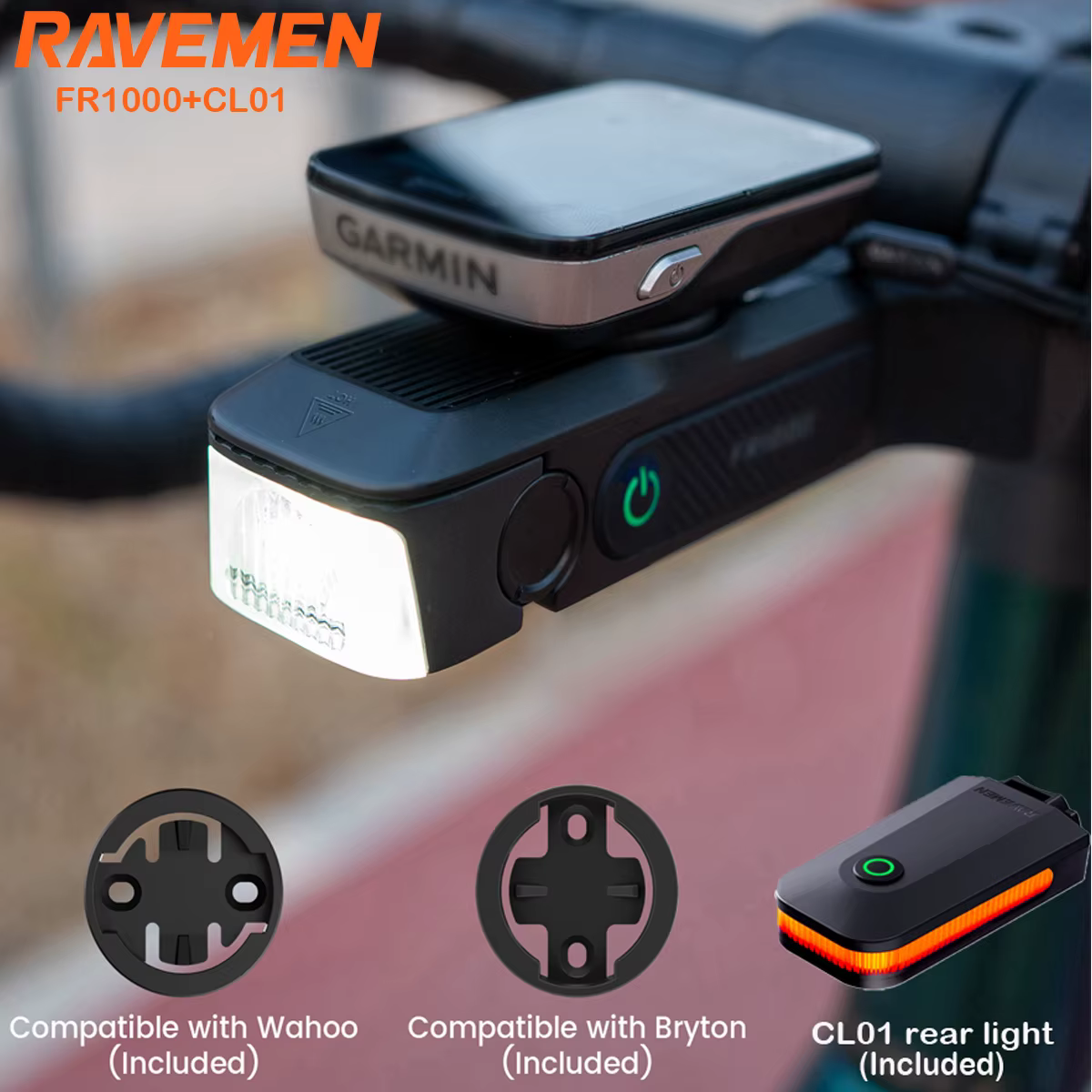 RAVEMEN Kit d'éclairage de vélo FR1000 phare pour Garmin Wahoo Bryton GPS CL01 feu arrière Rechargea