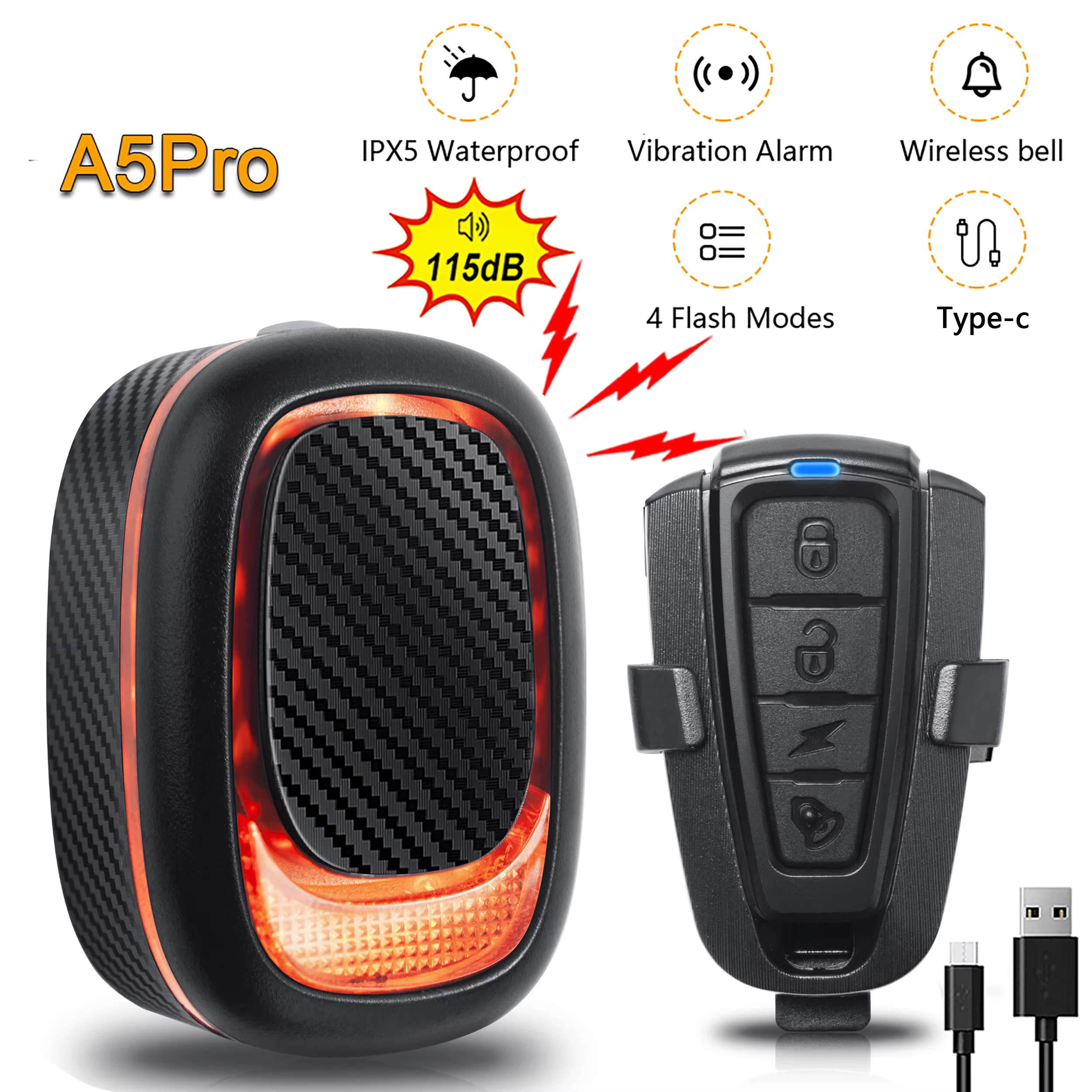 ANTUSI – alarme anti-cambriolage de vélo étanche sans fil A5pro, lumière intelligente de détection d