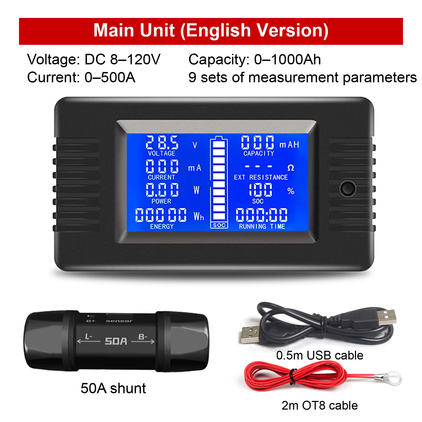 Compteur Coulomb Batterie PZEM 8-120VDC Voltmètre Ampèremètre Wattmètre Énergie Écran LCD STN 9 Donn