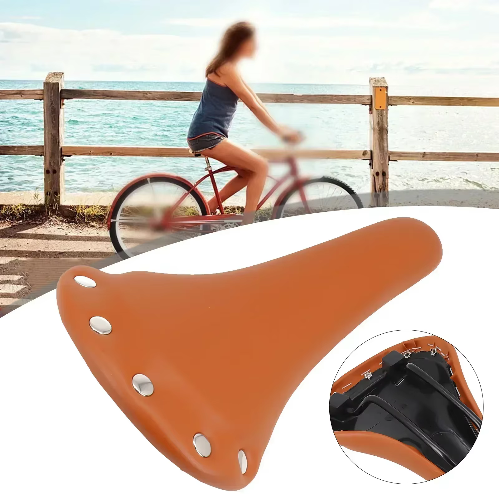 Selle en cuir souple antichoc pour VTT, riveté, marron, sport, extérieur, cyclisme, montagne, rétro,
