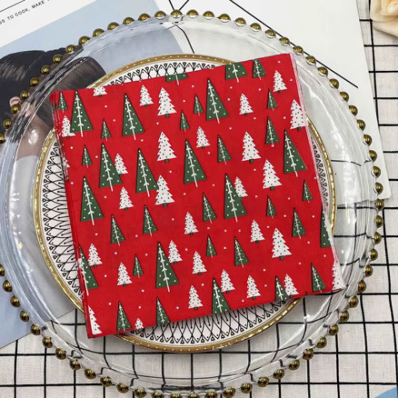 Napperon en papier pour sapin de Noël rouge, décoration de fête de vacances, assiette en papier bric