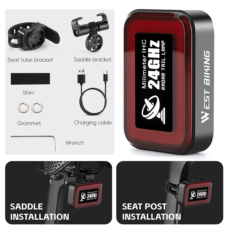 Feu arrière radar de vélo WEST BIKING RT02 avec détection intelligente de freinage, feu arrière LED 