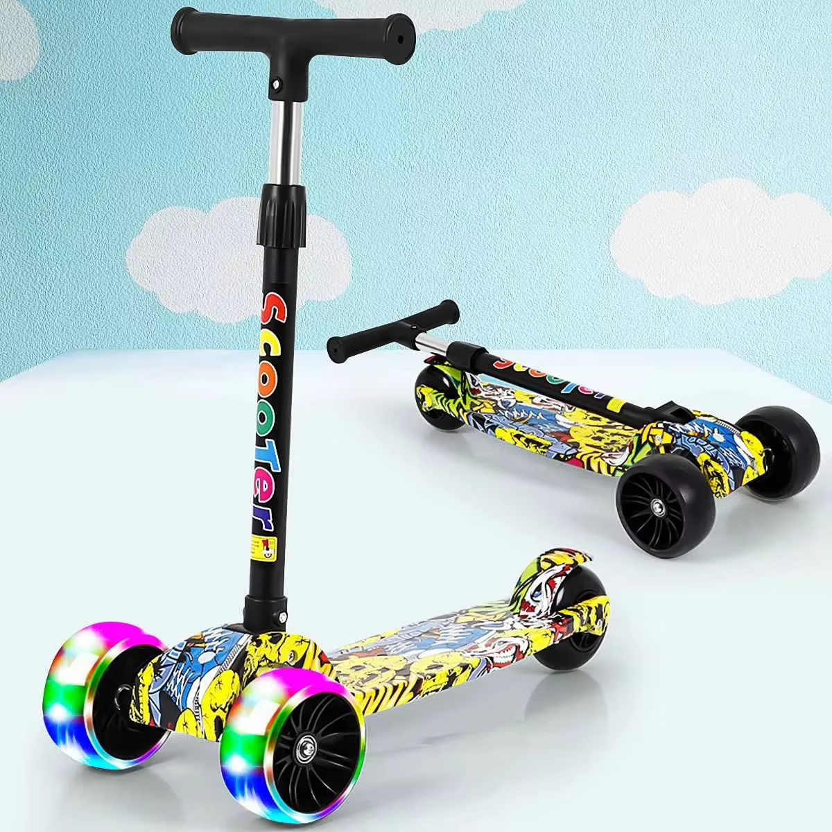 Trottinette Pliante à 3 Roues avec LED pour Enfant, Vélo d'Équilibre Réglable, Planche à Roulettes, 