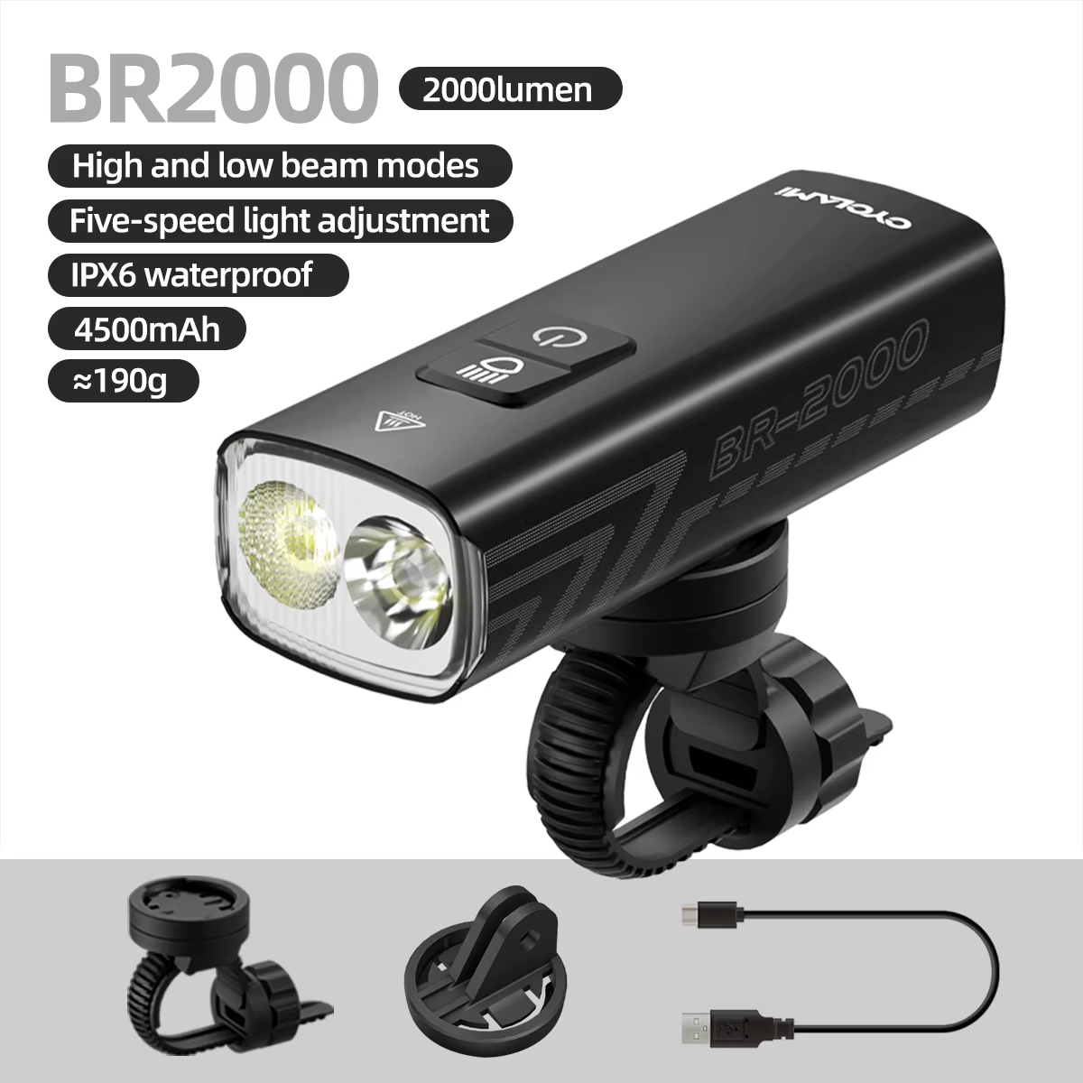 2000 Lumens CYCLAMI vélo phare vélo lampe de poche guidon type-c vtt route point culminant BR2000 av