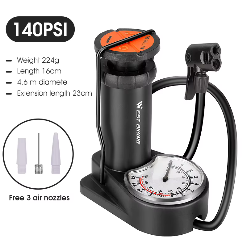 Pompe à pied WEST BIKING 140 PSI haute pression avec manomètre pour vélo, moto, ballons de sport, ac