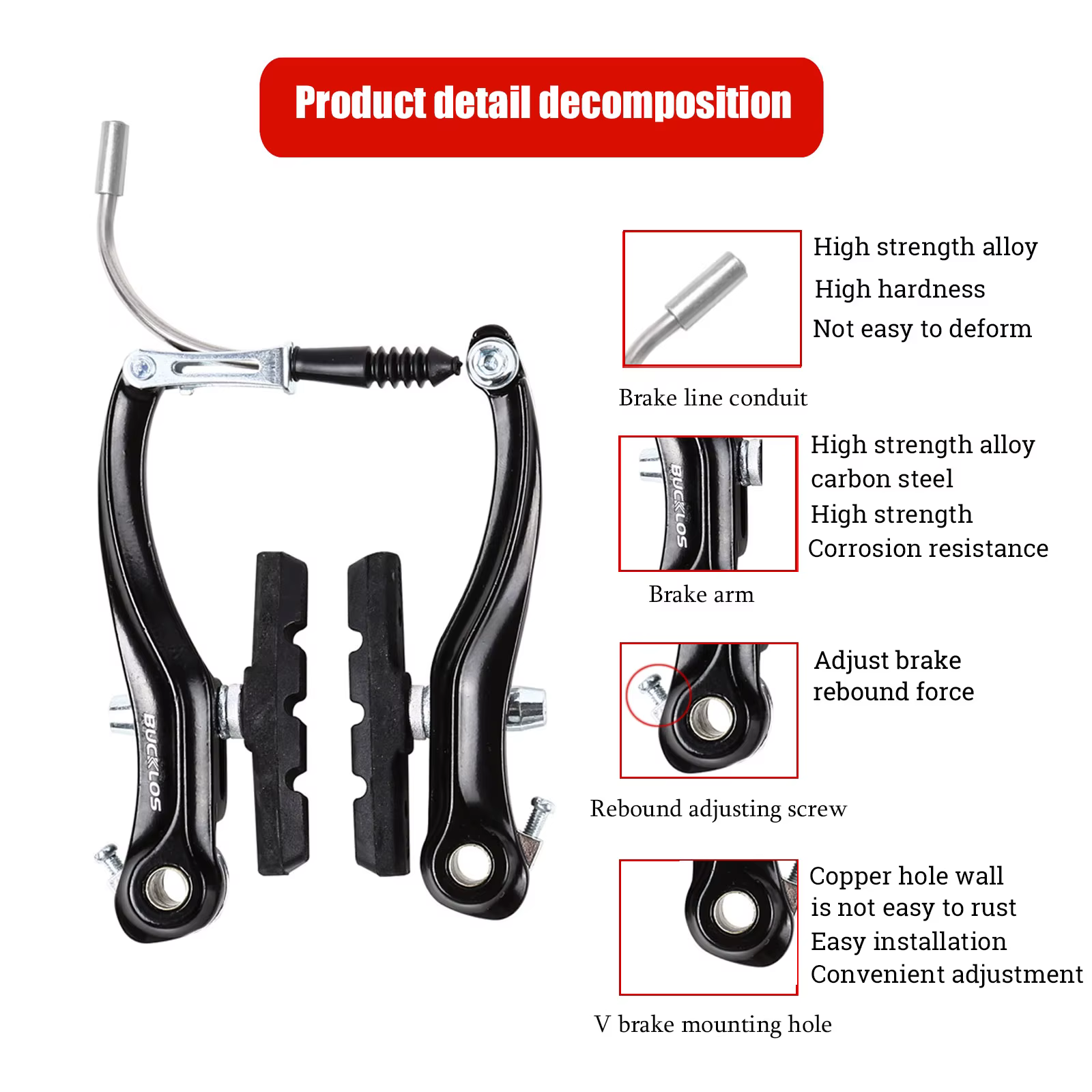 Freins V-Brake BUCKLOS pour vélo, en alliage d'aluminium, freins à tirage linéaire pour VTT, BMX, vélo de route pliable