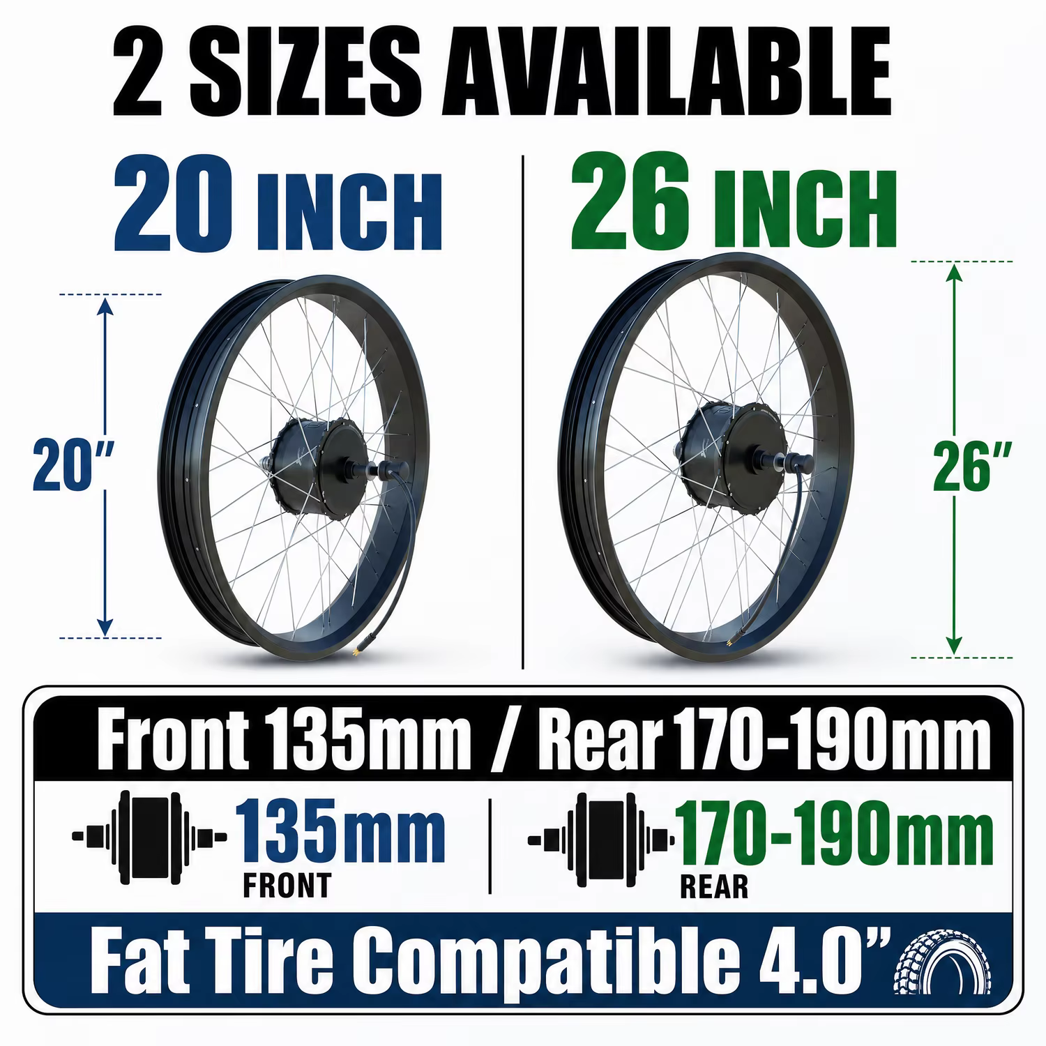 Kit de conversion de vélo électrique avec moteur de moyeu 48V 1000W pour pneus larges 20" 26" (avant/arrière) 135mm 170mm 20*4.0 26*4.0