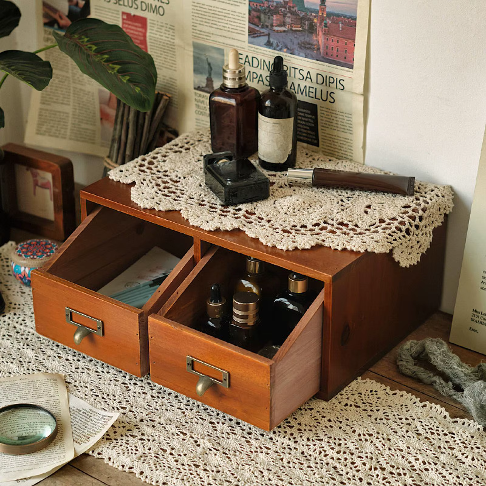 Organisateur de soins de la peau cosmétiques de maquillage en bois avec couvercle et tiroir support de bureau tiroir de vanité pour commode de comptoir de bureau à domicile