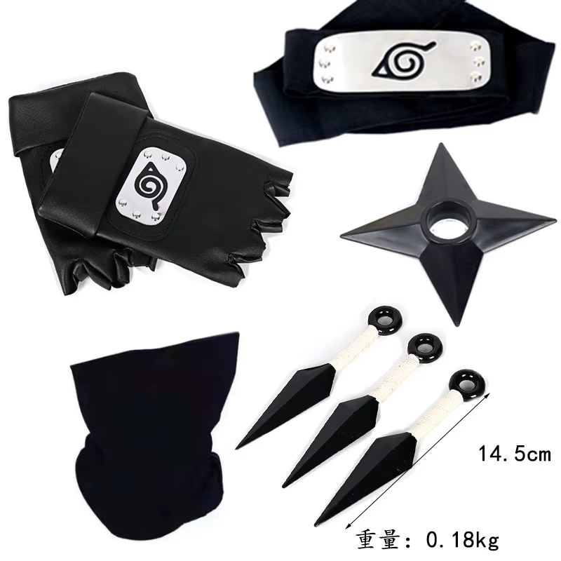 Ensemble Ninja Complet : Drapeau, Gants Kakashi, Kunai, Bandana de Protection Frontale – Costume de Performance pour Jeu de Rôle