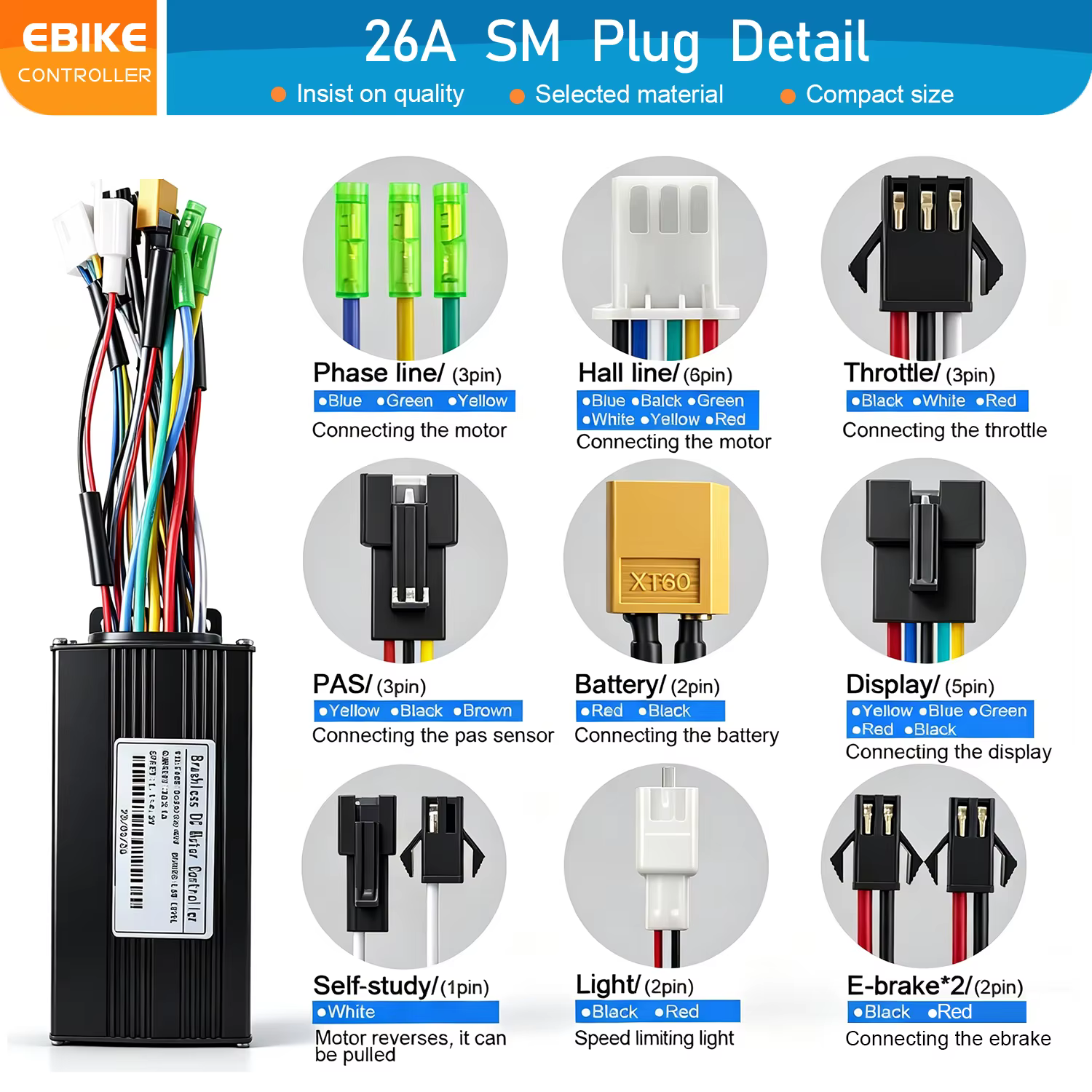 Contrôleur de moteur sans balais à onde sinusoïdale pour vélo électrique 24/36/48V 250W-1000W 17A 26A 30A avec écran