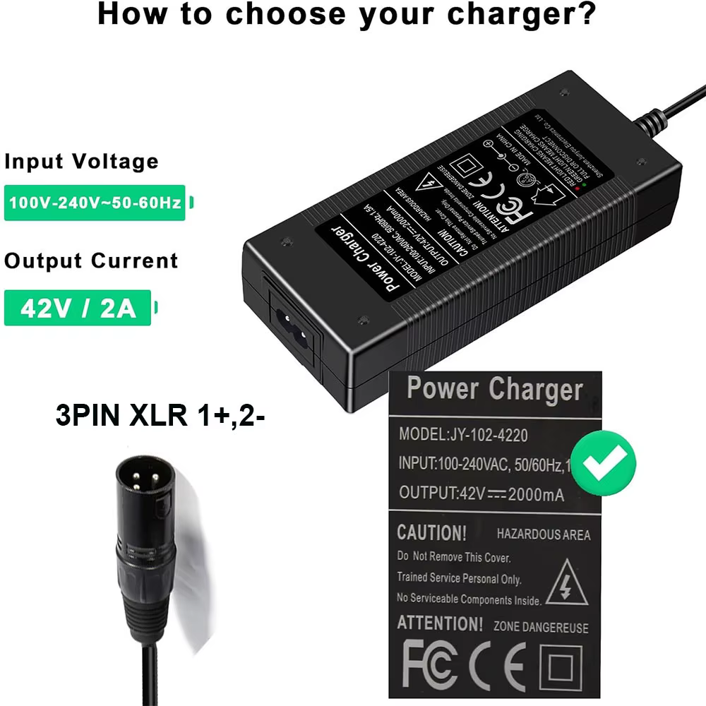 Chargeur de vélo électrique avec pipeline 42V, 3 broches XLR, pour Swagtron EB6 Fat-Tire, Heybike Citydele, angiBike, EcoaccelerStarfish DolDave Peacedove