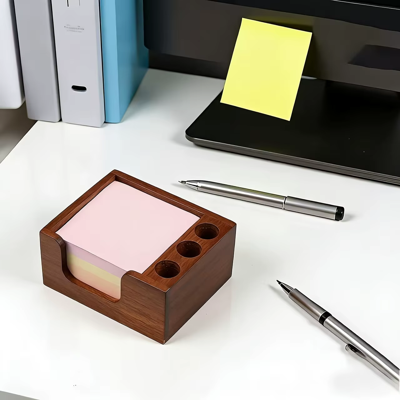 Organisateur de bureau en bois naturel avec porte-stylos, multi-compartiments pour fournitures de bureau. Décoration simple, cadeau idéal pour son espace de travail.