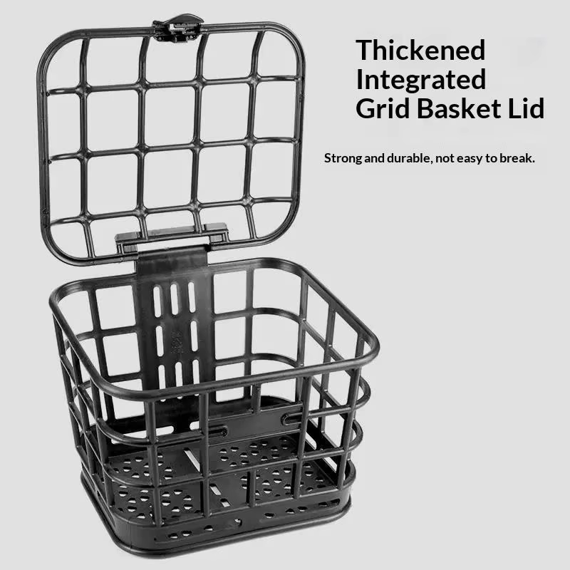 Panier avant de vélo en plastique noir creux détachable avec couvercle