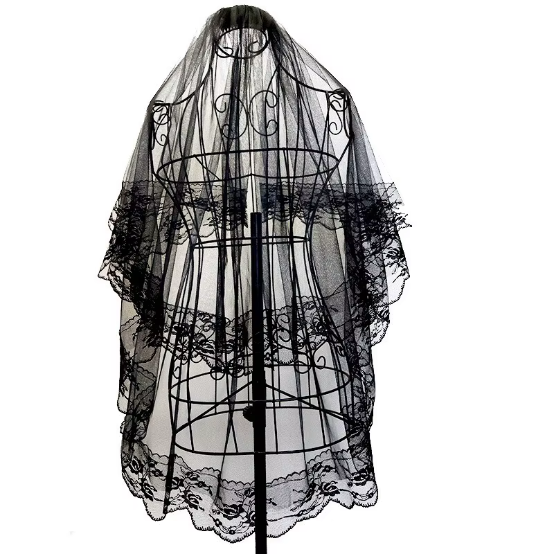 Voile de mariée d'Halloween pour femmes avec bord en dentelle, voile de mariée en tulle à 2 niveaux