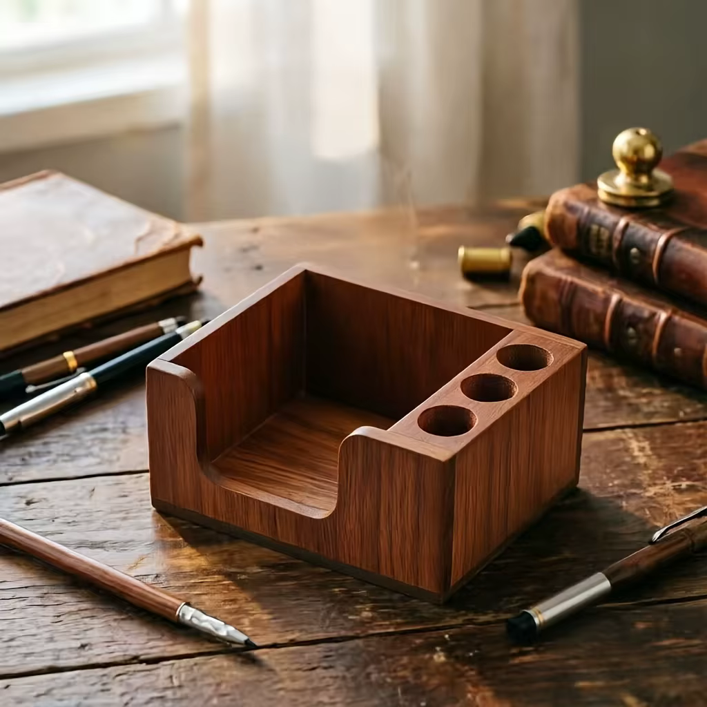 Organisateur de bureau en bois naturel avec porte-stylos, multi-compartiments pour fournitures de bureau. Décoration simple, cadeau idéal pour son espace de travail.