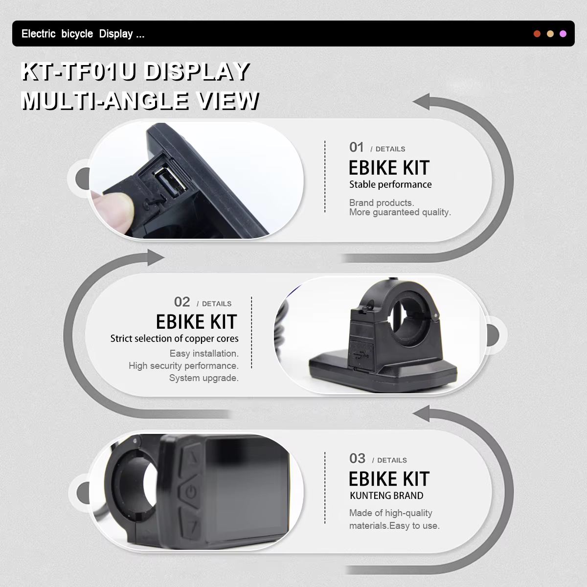 Afficheur pour vélo électrique ebike KT-TF01U 24V36V48V SM/prise étanche (avec USB) compatible avec le contrôleur KT