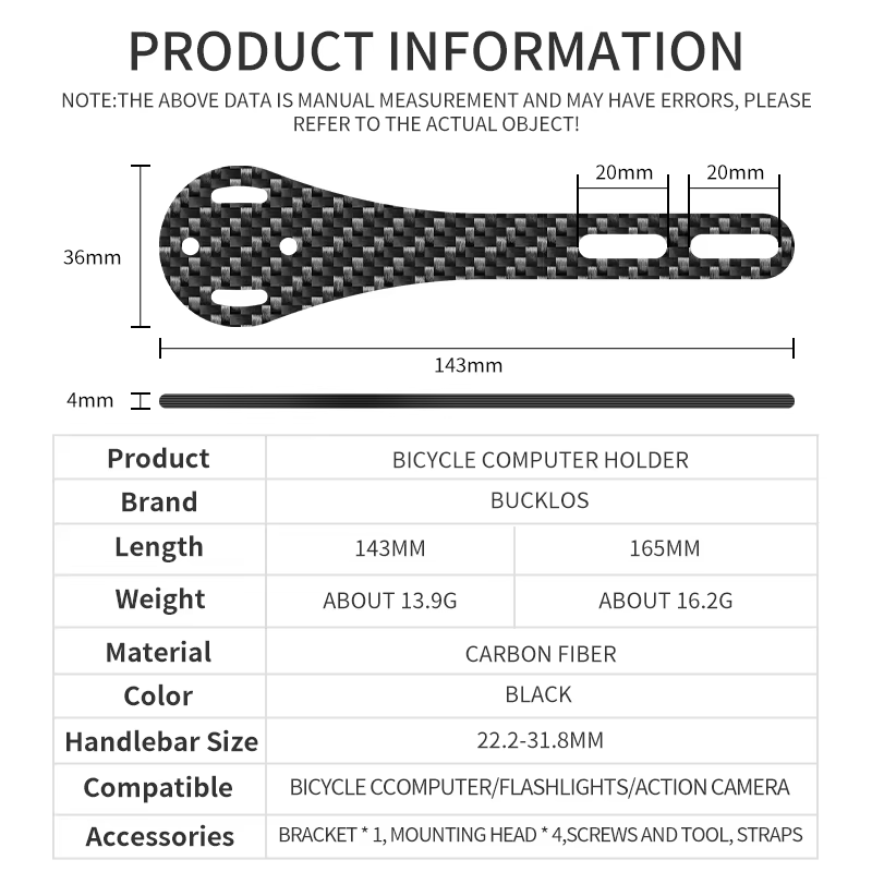 BUCKLOS support d'ordinateur de vélo en Fiber de carbone 143mm 165mm