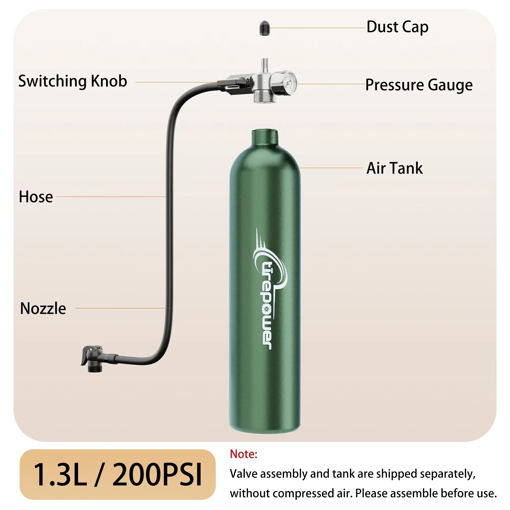 Pompe à vélo 1,3 L, gonfleur sans chambre à air, bouteille d'air pour pneus, booster de pneus avec valve, cylindre à gaz avec manomètre pour VTT et vélo de route
