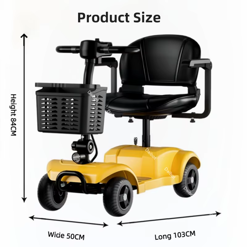 Scooter électrique pliant adulte Scooter de mobilité à quatre roues jaune pré-assemblé 300W 24V avec siège 360 ° Accoudoir rotatif/réglable