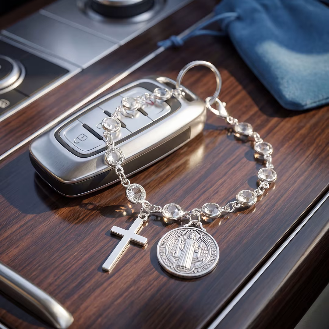Accessoire de voiture : Chapelet de protection catholique avec médaille de Saint Benoît et pendentif croix pour décoration intérieure automobile, pendentif de protection religieux