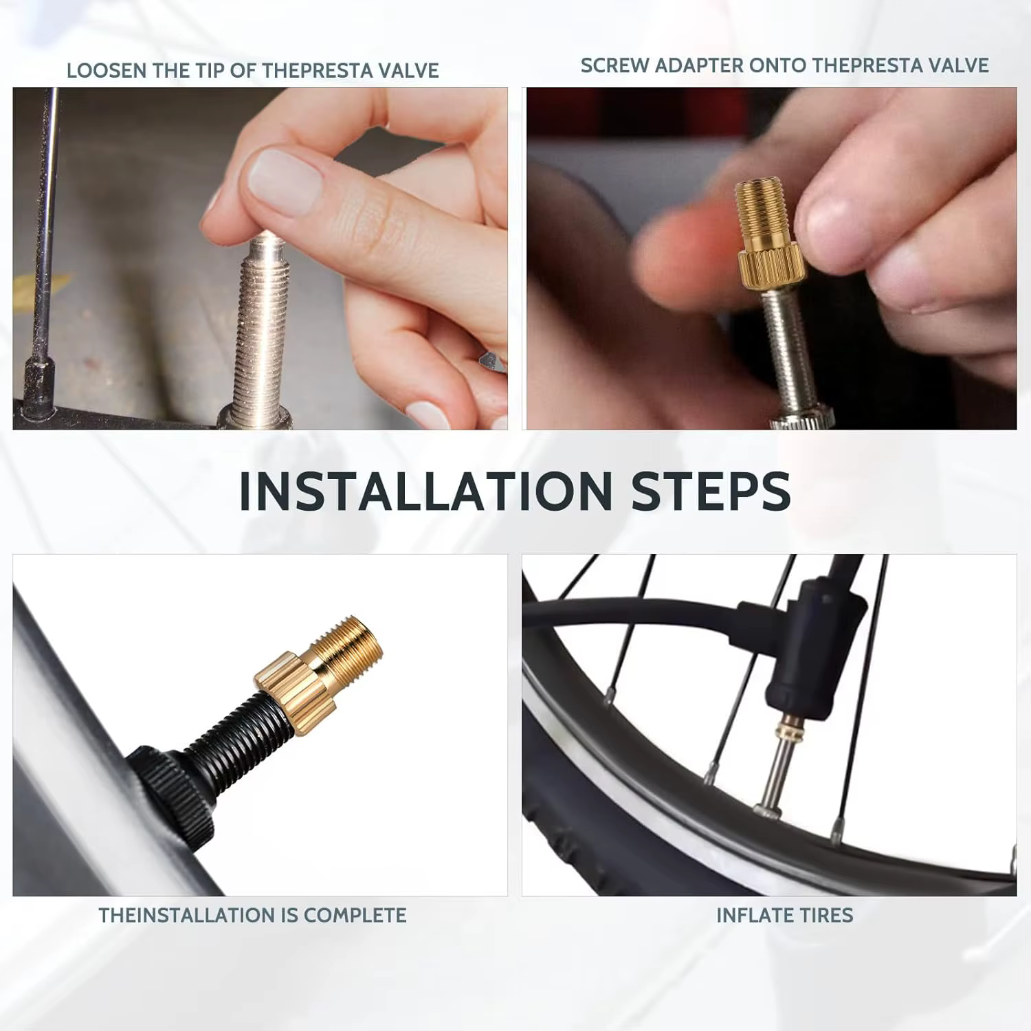 Adaptateur de assujetPresta en laiton (lot de 5 + 10 capuchons)-Convertir Presta en Schrader pour tous les types de