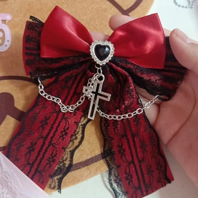 Barrette Gothique en Tissu avec Nœud, Dentelle et Chaîne Croisée, Accessoire Cheveux Vintage Romantique pour Femmes, Filles et Cosplay