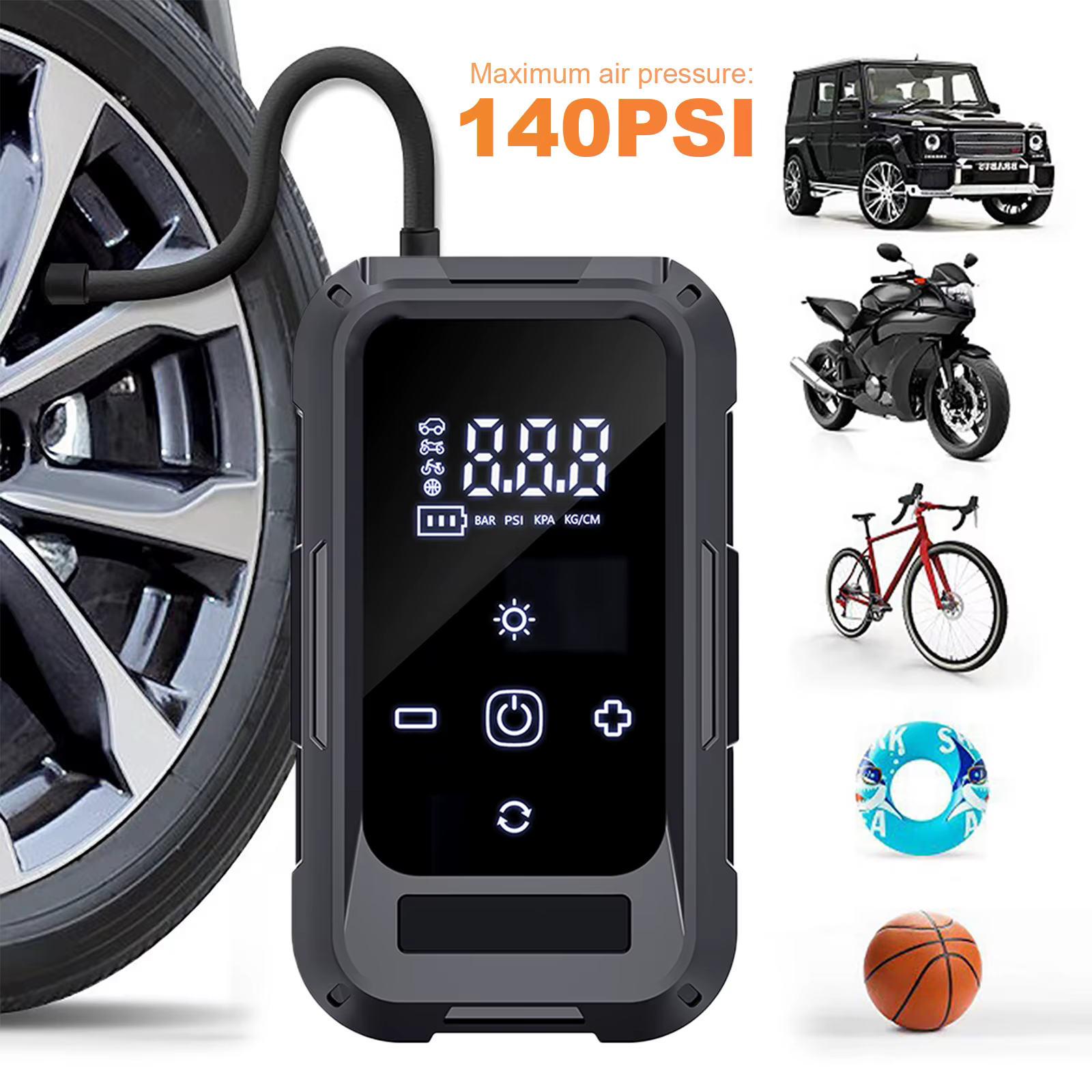 Gonfleur de pneus 140 PSI avec manomètre numérique, pompe à air électrique pour voiture, moto, vélo, ballons et plus encore