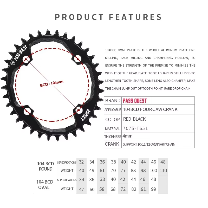 PASS QUEST 104 bcd plateau large étroit rond 30/32/34/36/38T pour M780 M610 670 pour Sram X0 X7 X5 X9 roue à chaîne de vélo 12 vitesses