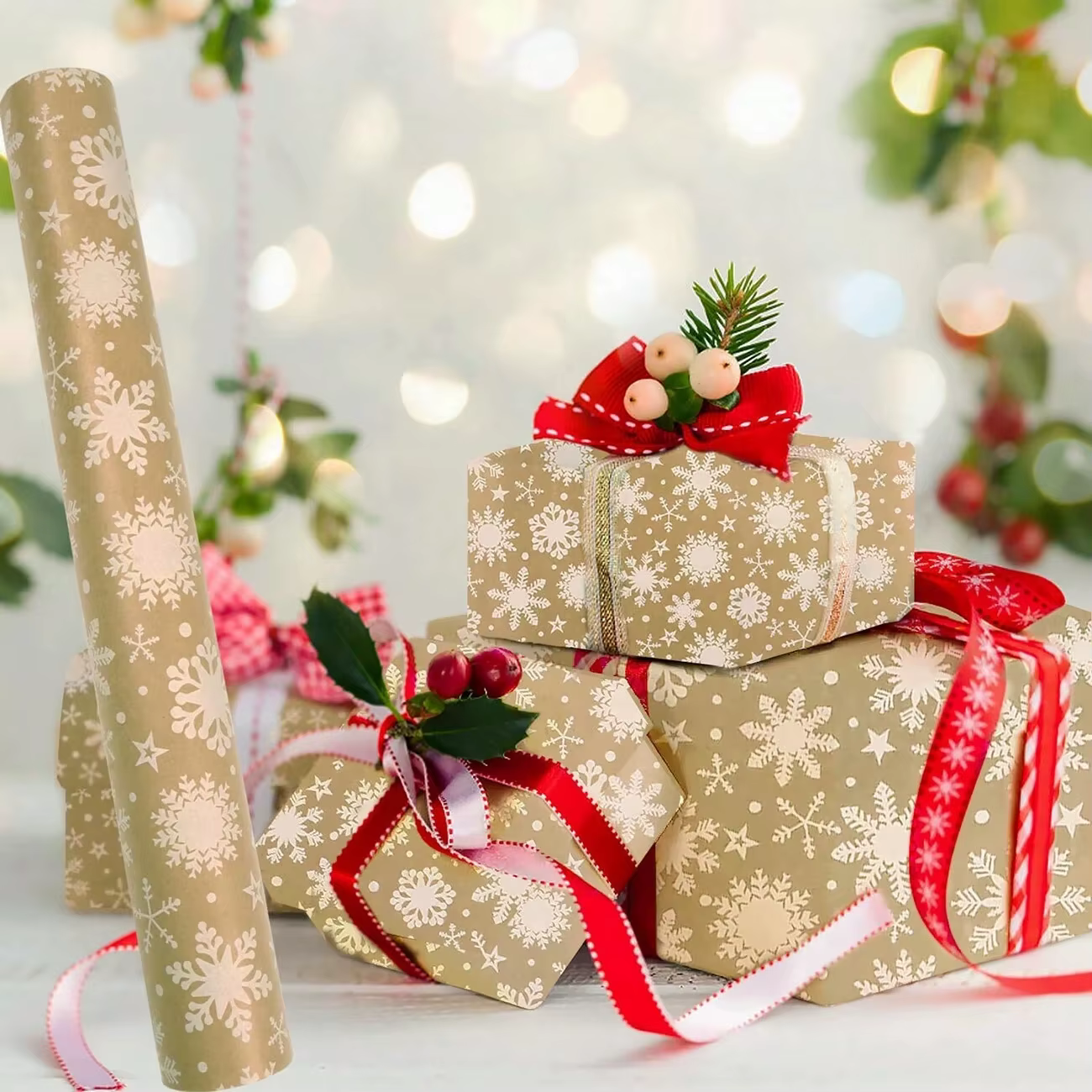 Papier d'emballage de Noël pour emballage cadeau, arbre de Noël, motif de flocon de neige, papier kraft rétro, mariage, anniversaire, décor de fête à la maison