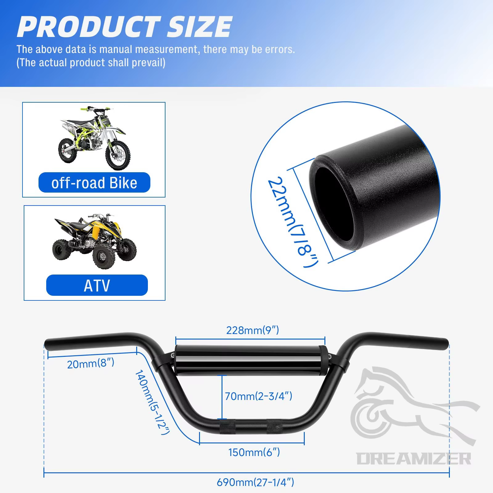 Guidon 7/8 pouces pour moto RUTU amélioré universel barre de poignée de vélo de saleté avec coussin