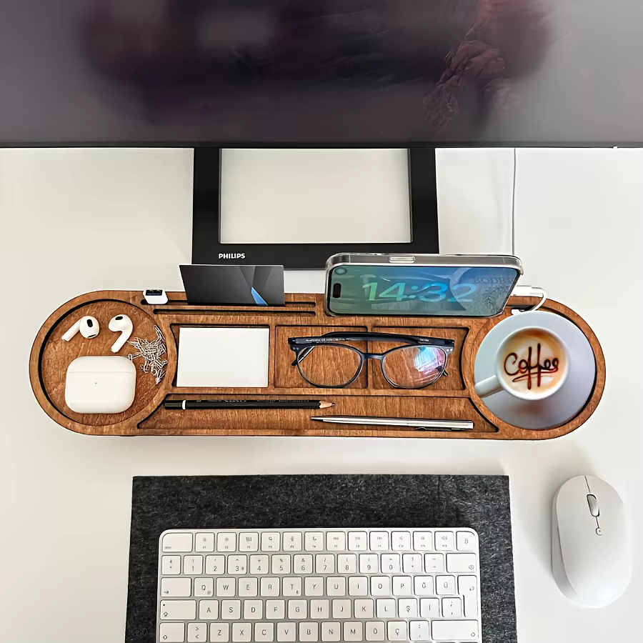 Organisateur de bureau en bois avec support surélevé, porte-gobelet multi-compartiments, porte-stylo, pour la papeterie de bureau et la décoration de bureau à domicile