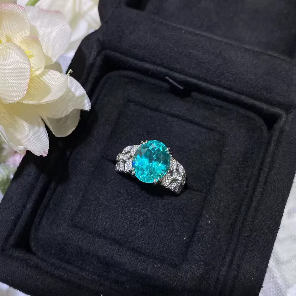 Vinregem – bague de cocktail en argent sterling 925 pour femmes, coupe ovale, tourmaline Paraiba, diamants à haute teneur en carbone, bijoux fins