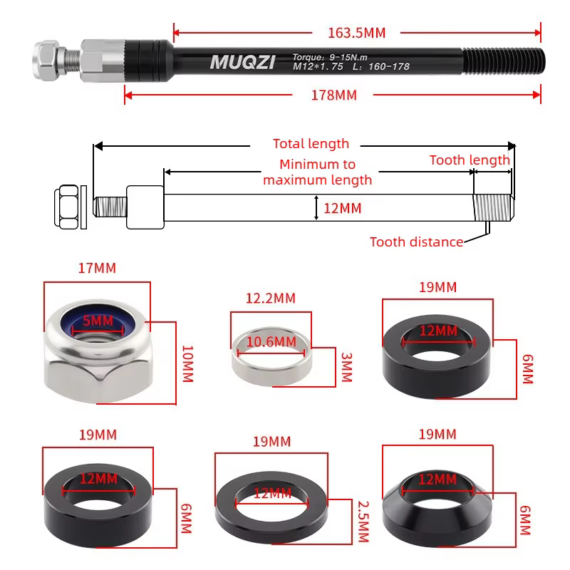 Adaptateur d'attelage de remorque à axe traversant de vélo M12x1.0/1.5/1.75 pas de filetage 160-178mm