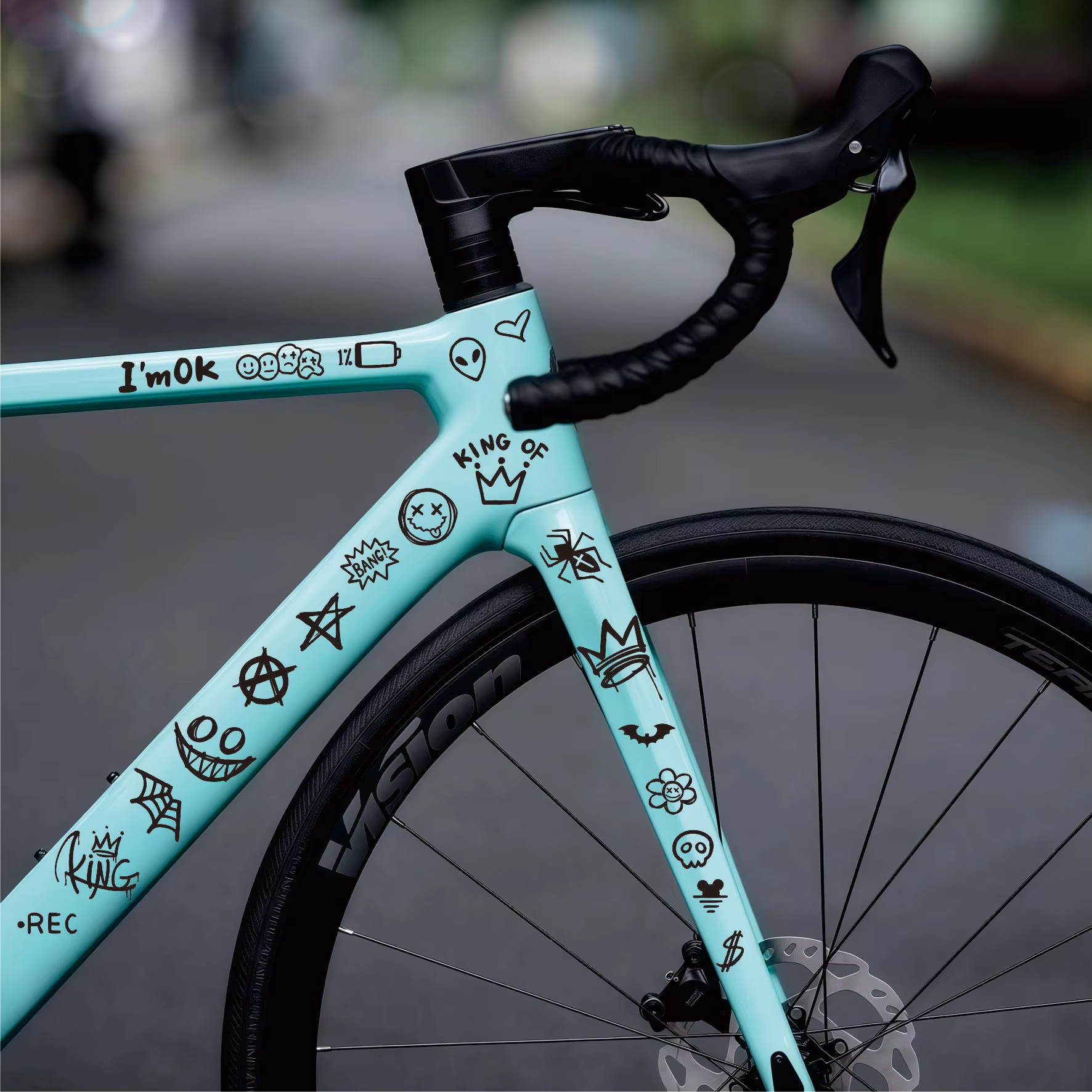 Autocollants en vinyle imperméables, autocollants mignons de style graffiti pour le tube supérieur du vélo de route, personnalisation DIY pour le cyclisme