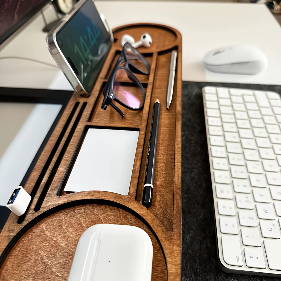 Organisateur de bureau en bois avec support surélevé, porte-gobelet multi-compartiments, porte-stylo, pour la papeterie de bureau et la décoration de bureau à domicile