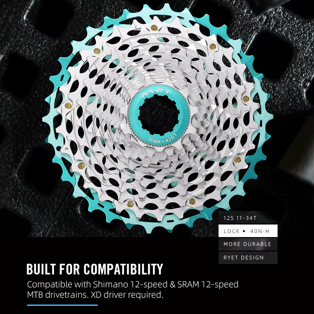 Cassette 12 vitesses RYET 2026 ultralégère 230g 11-34T CNC Alu/Acier HG pour vélo de route/gravel Shimano K7