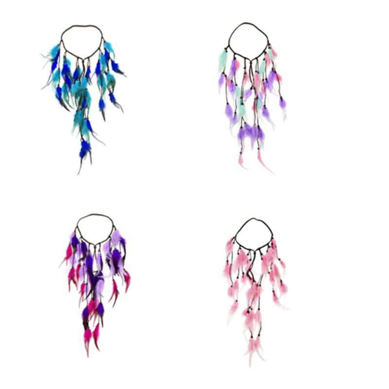 Accessoire pour cheveux bandeau en plumes avec cordon tressé pour le des tenues Festival, les Looks vacances les