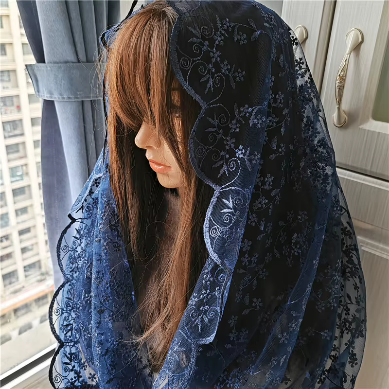 Manille à fleurs brodées bleu marine pour femmes, couvre-tête, motif Floral infini, chapelle en Tulle, cadeau catholique, Vintage, masse espagnole